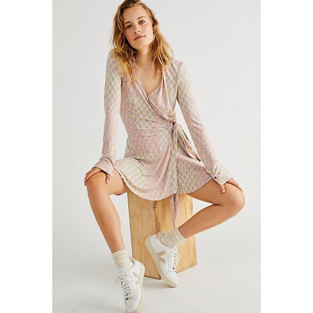 Free People Rhetta Wrap Mini Dress Light Combo NWT Size Small Retro
